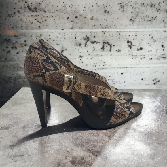 Michael Kors Shoes - Michael Kors Strappy Brown Black Python Print Heels Leather High Heel Size 9.5M